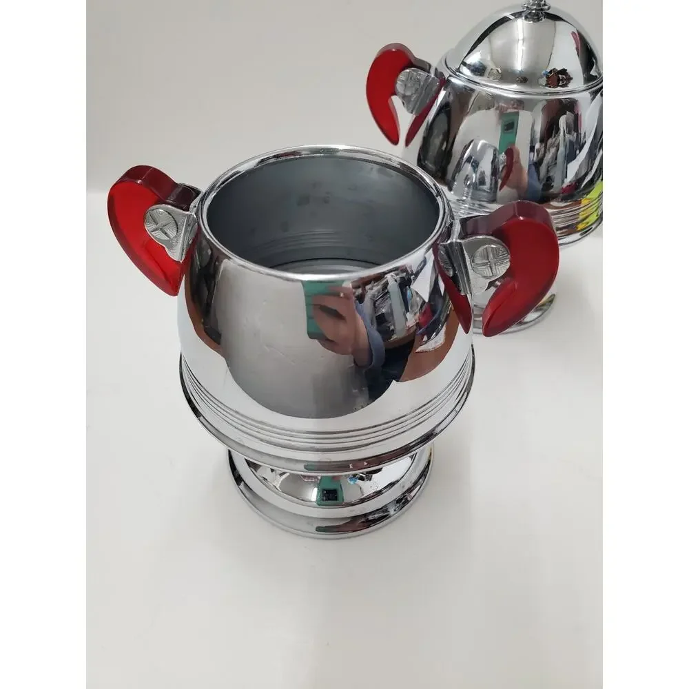 Vintage Chrome Sugar & Creamer Set Red Bakelite Handles Chrome Mid Century Retro